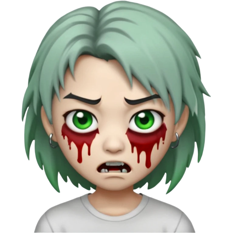 3D emoji-style avatar with grey zombie skin, dark brown hair, a young Asian face, and large green eyes with blood tears. Give it white litle bit messy middle hair style , silver hoop earrings, and a plain white T-shirt. The face expression should be slightly angry, with vampire fang emoji