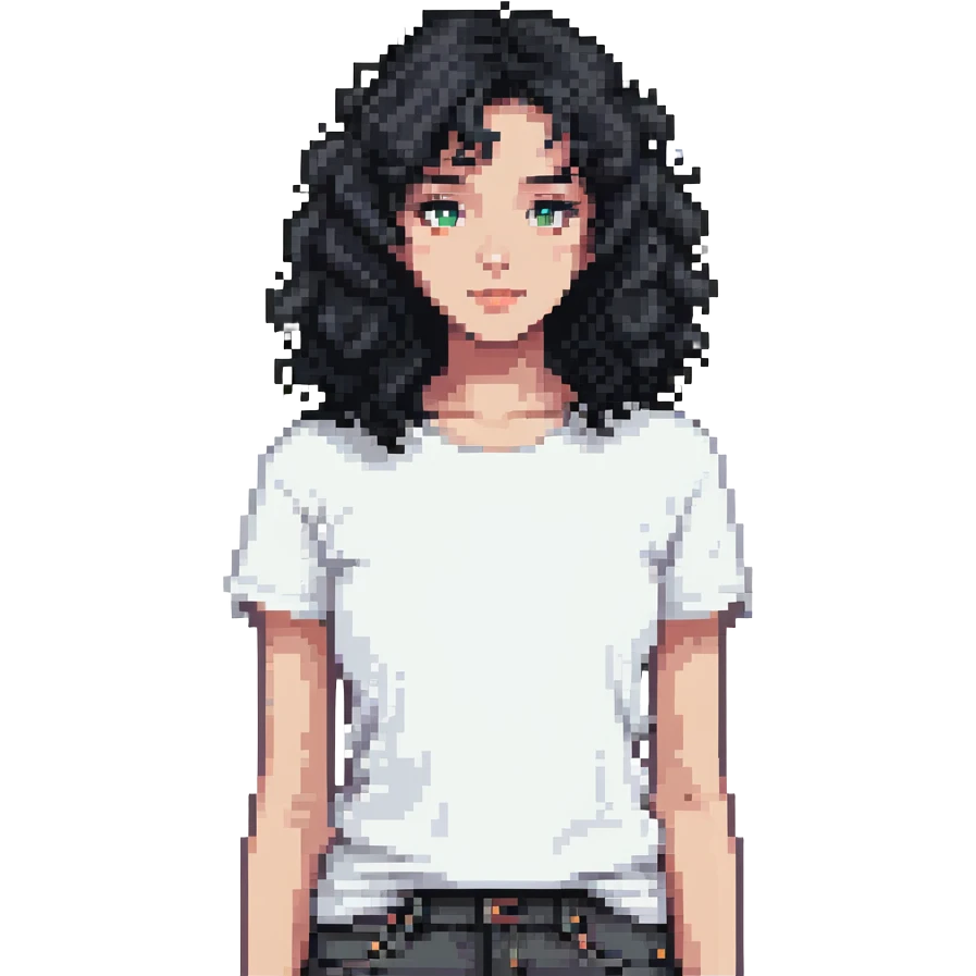 girl with curly black hair wearing a white t-shirt emoji