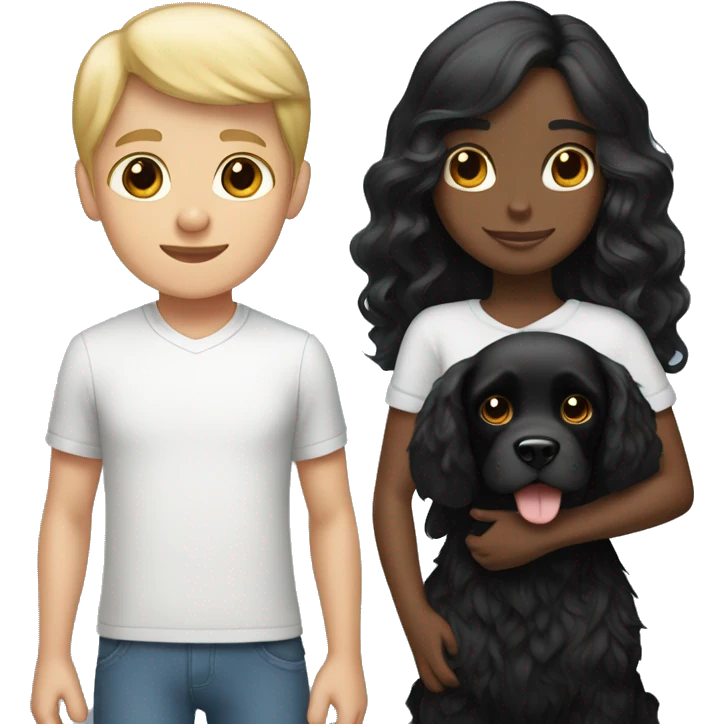 Black hair girl and Blond hair boy holding a black cocker spaniel emoji
