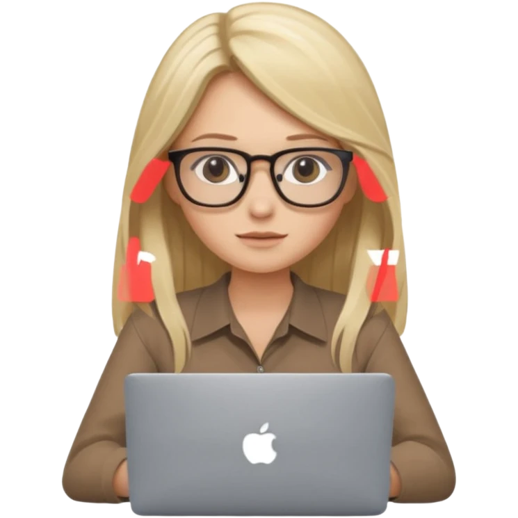 Girl in glasses, blonde long hair, brown blouse, sitting with gray MacBook emoji