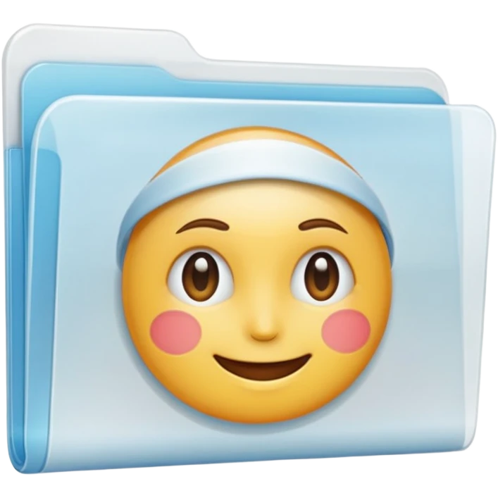 A simple emoji-style icon of a transparent white plastic folder, minimal and clean, with rounded corners, subtle translucency, soft shading, and a small self-care, skincare, routine documents symbol on the front emoji