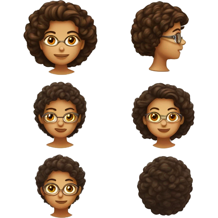 Mulher de pele clara, cabelos volumosos curtos cacheados de cor castanho avermelhado, olhos cor de mel, usando óculos de cor dourado  emoji
