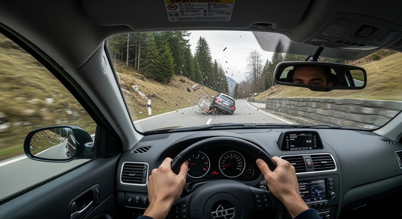 Realistic camshot pov car (hands holding car wheel) switzerland road with car crash emoji