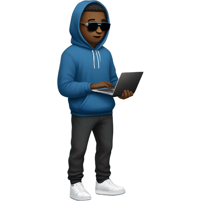 An university student in a blue hoodie with the hood down, black joggers with white sneakers carrying a closed laptop in one of his hand on the side of his body sideways and he is wearing thin sunglasses with black lens.  emoji
