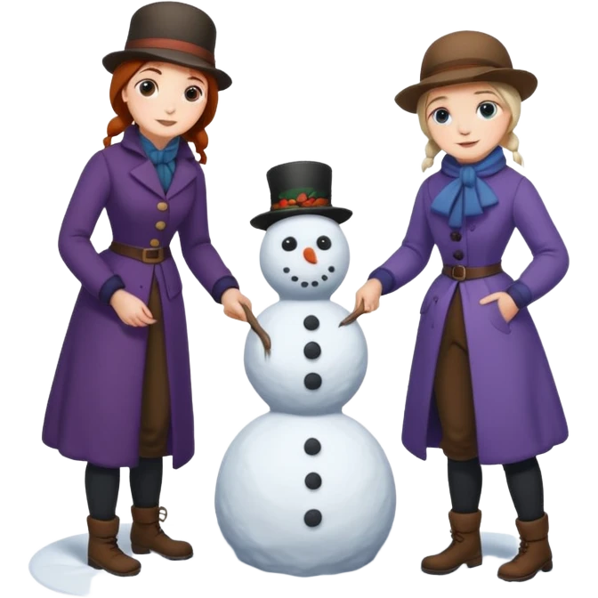  young Virginia Poe and  eldely Maria Clemm  full body building a snowman  1800's emoji