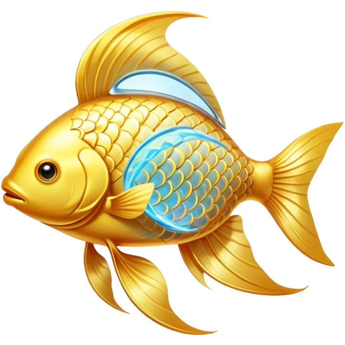 Mystical golden fish flowing in an omega shape, with its body transforming into streams of radiant energy that connect to a brain, heart, and joints. The fish appears magical and ethereal, with glowing scales and a luminous aura representing the essential nutrients of omega-3. emoji