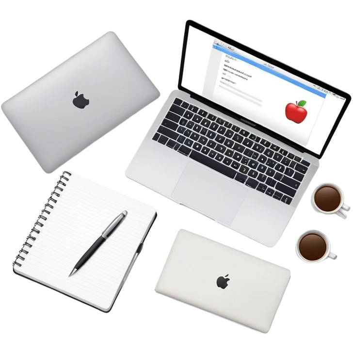 top view of a MacBook and a notebook with a pen nearby, different arrangement emoji