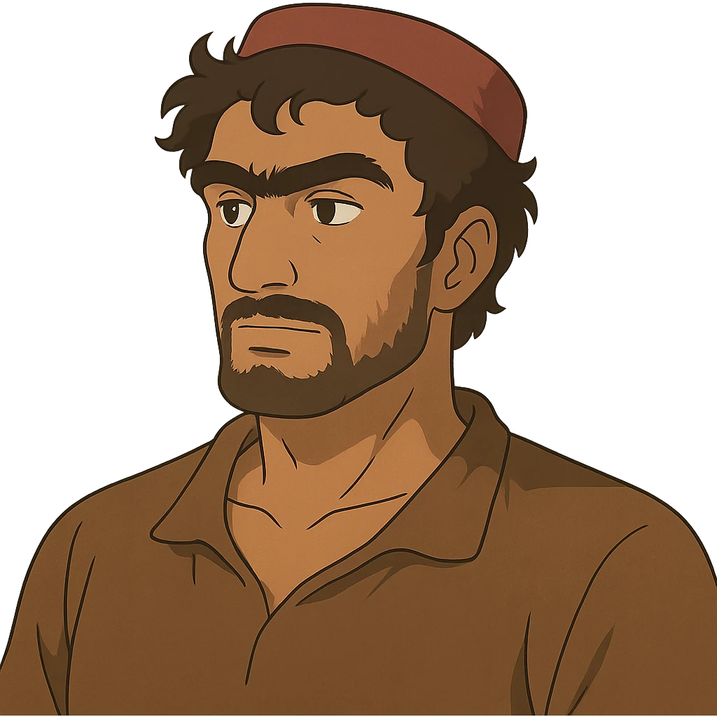 A Tajik man with medium to tall height, well-defined features, slightly curved nose, dark-brown eyes, thick eyebrows meeting above the nose, slightly wavy hair, and rich brown skin emoji