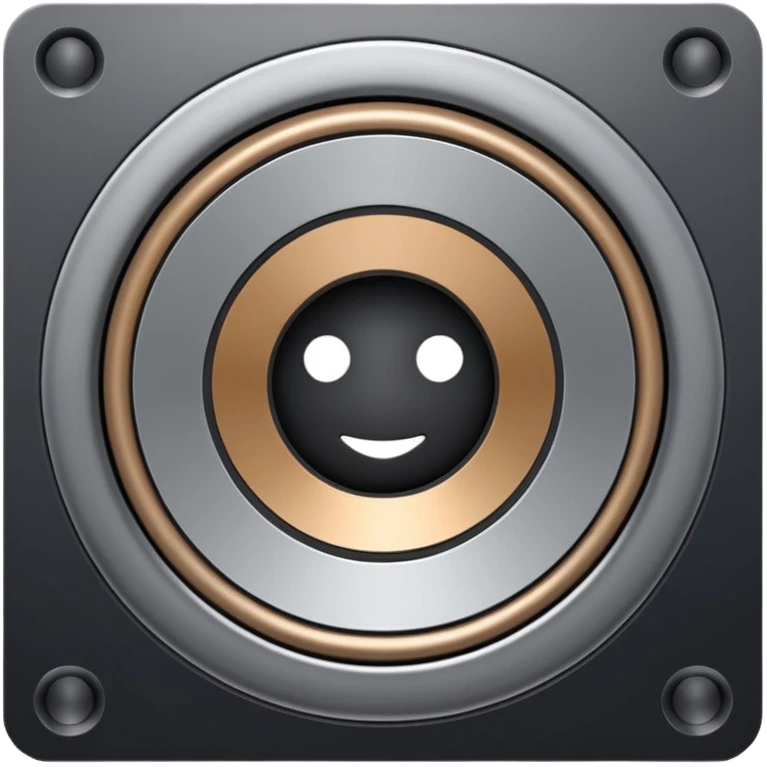 Minimal emoji icon of a modern metallic speaker, front view, detailed geometry, dark metallic body, subtle highlights, isolated emoji