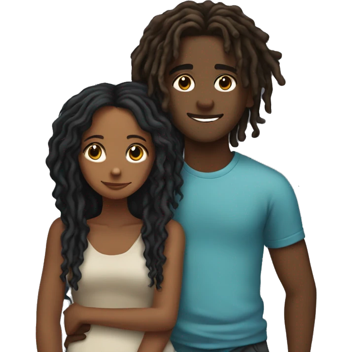 Brown girl with wavy hair hugging black boy who has dreads  emoji