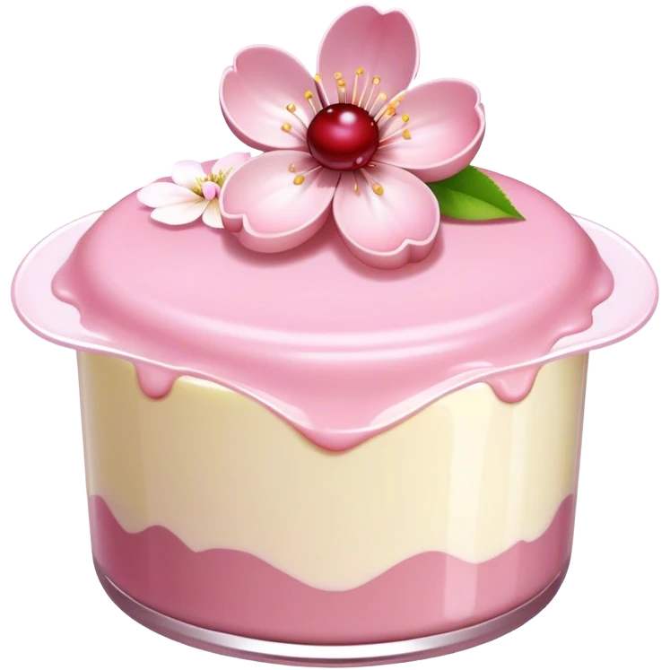 A cherry blossom on the light pink pudding emoji