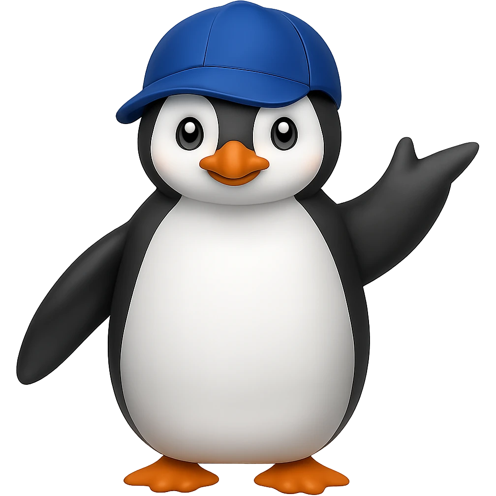 Add a baseball cap to the waving penguin. The image should have no background. emoji