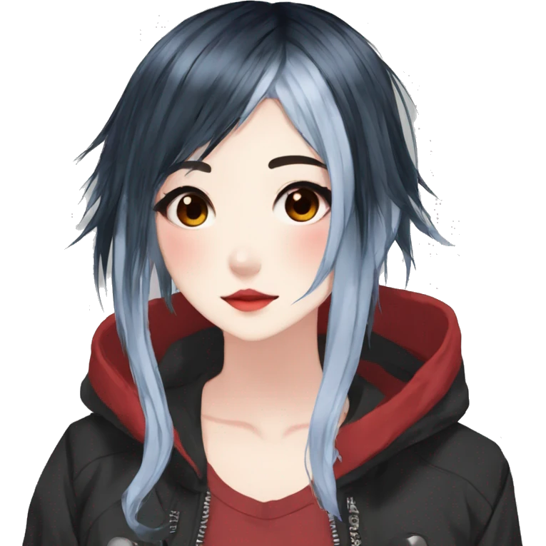 Gorgeous anime style shojo character with blushing face aesthetic and pretty edgy black red punk hair with hair garment trending style emoji