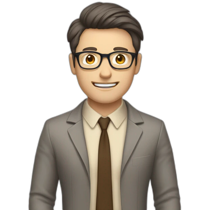 To belt Actively gesturing with hands Okay Pale skinned fit man with dark brown hair in gray jacket, beige office shirt, brown tie, brown pants and vintage glasses. emoji