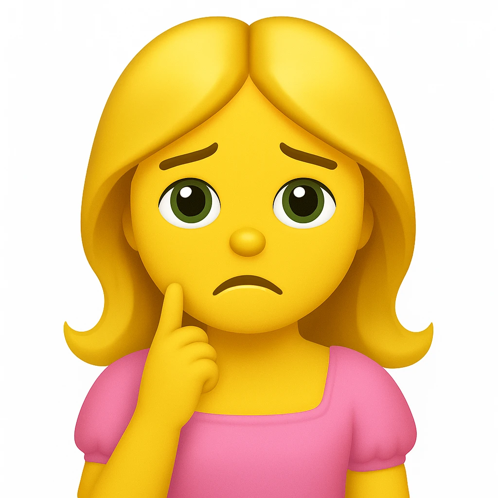 Create an iOS emoji style image of a blonde with long hair, green swamp eyes, and a pink pastel dress with a sad expression. Keep all facial features, clothes, and hairstyle from the reference image. emoji