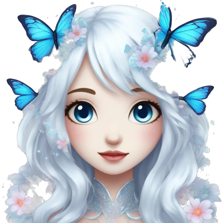 Edgy Cute Cool Kawaii gorgeous sparkly ethereal white fantasy animal with blue eyes sona with flowers and butterflies emoji