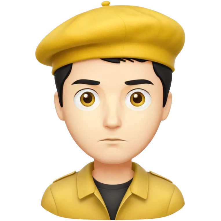 người đàn ông 30 tuổi, da vàng, tóc ngắn màu đen, mặt nghiêm túc, đội mũ nồi màu vàng emoji