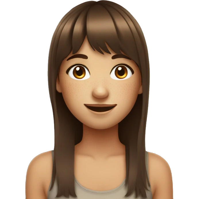 a girl with freckles on her cheeks smiling shyly with her brown hair and bangs emoji