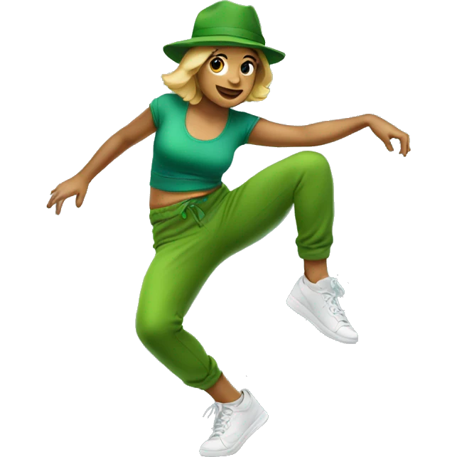 Australian woman breakdancing wearing australian green outfit with green hat emoji