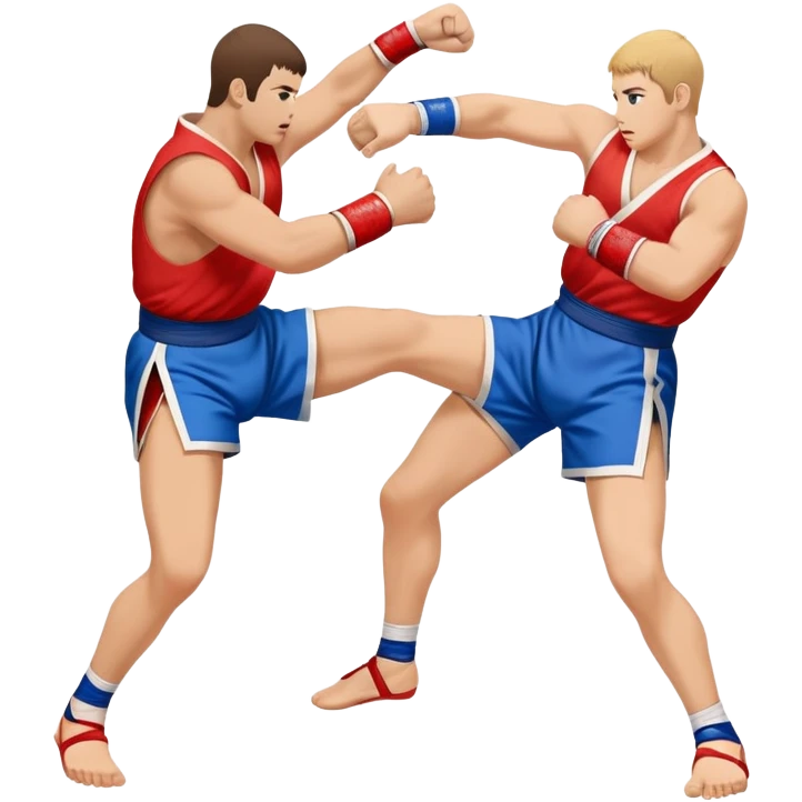 An icon symbolizing Sambo, featuring two fighters in blue and red kimonos with shorts and wrestling shoes. One executes a powerful throw, while the other attempts a defensive grab. The fighters are engaged in a grapple, using joint locks and sweeps.  emoji