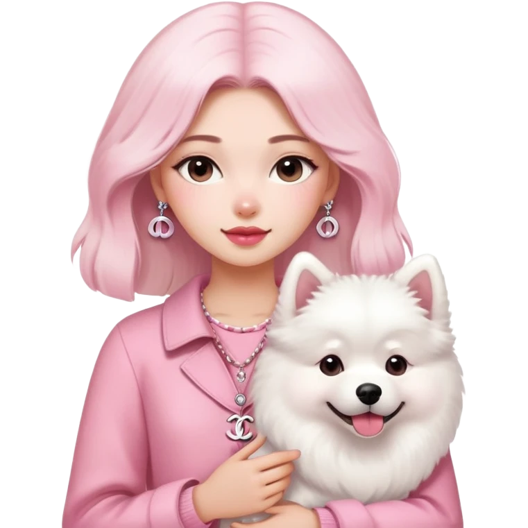 girl in pink Chanel-style outfit with white Samoyed dog emoji