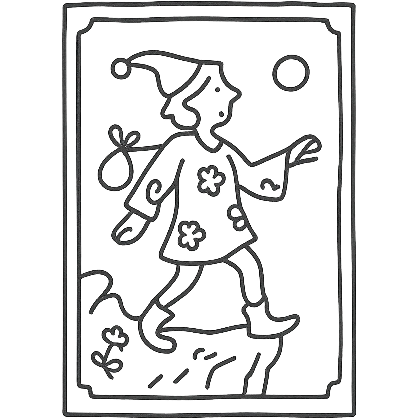 The Fool tarot card, simple and minimal, hand-drawn black outline style, no text emoji