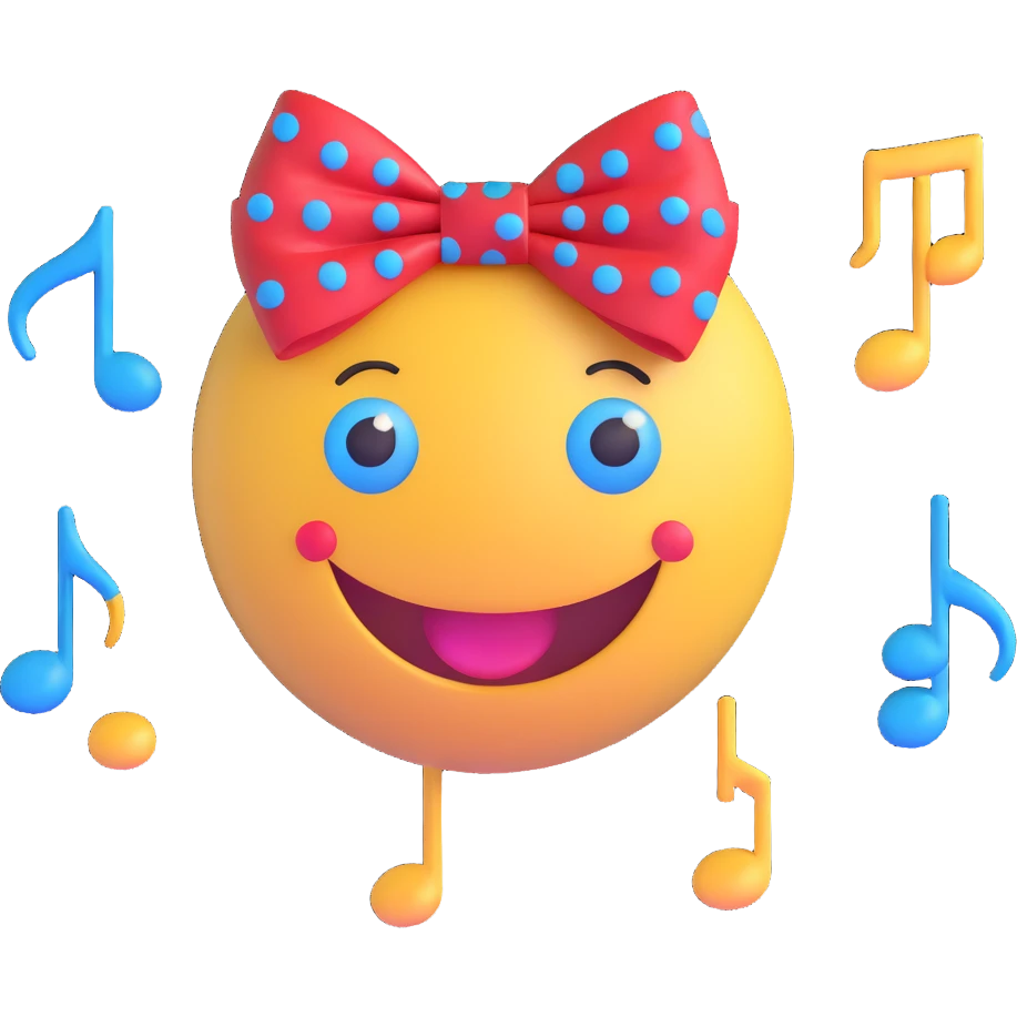 3D smiley emoji, large eyelashes, red polka dot bow, excited, big smile, blue eyes, musical notes emoji