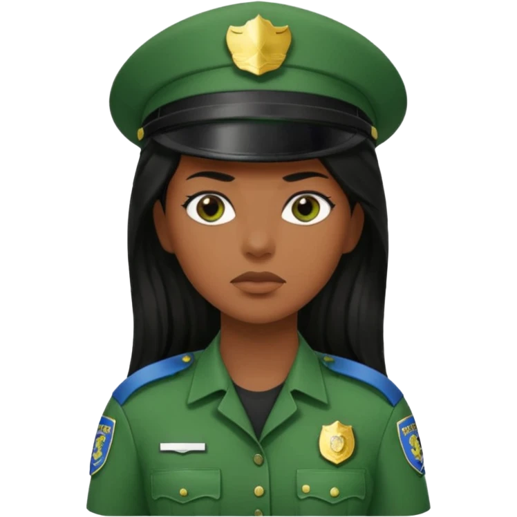 Female POLICE IN green, long black hair, brown skin emoji