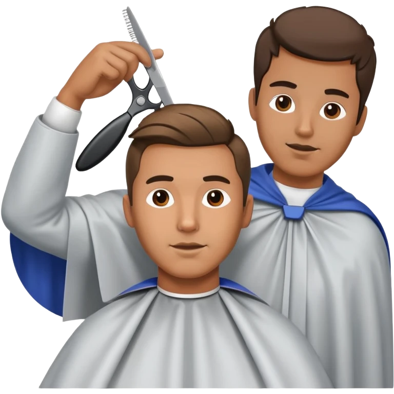 a man with a large face, wearing a barber cape, having his hair cut with scissors above his head emoji