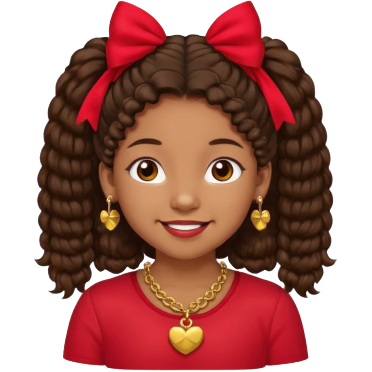 Brownskin girl dark brown hair fluffy. pigtails with red bows brown eyes smiling closed mouth red shirt gold esrrings gold necklace emoji