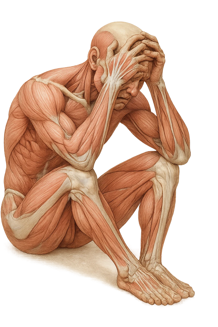 corpo umano anatomico realistico seduto a terra con postura delle spalle chiuse, mani sulla fronte ed espressione disperata in volto, isolato su sfondo bianco emoji