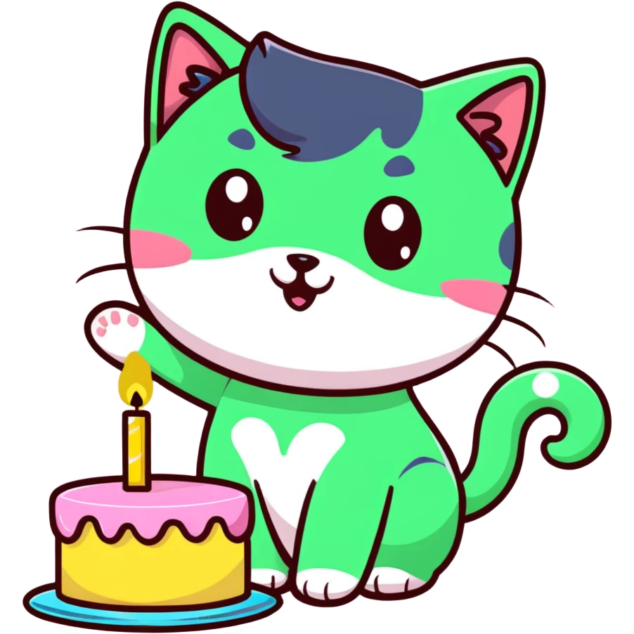tricolor fluffy cat with big green eyes celebrating her birthday with a cake and champagne emoji