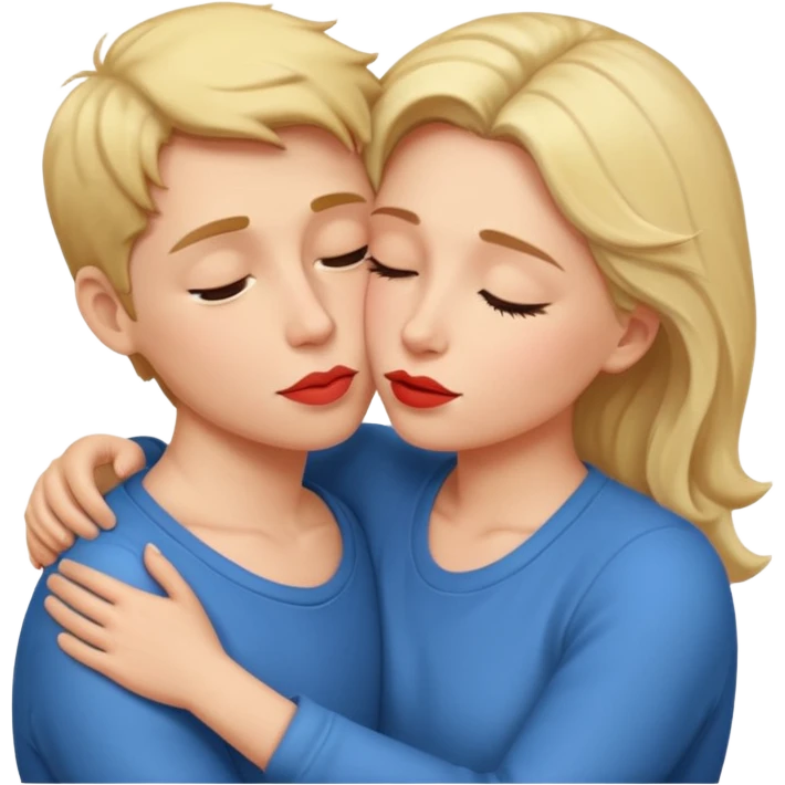 A mother and son are hugging and kissing passionately on the lips. emoji