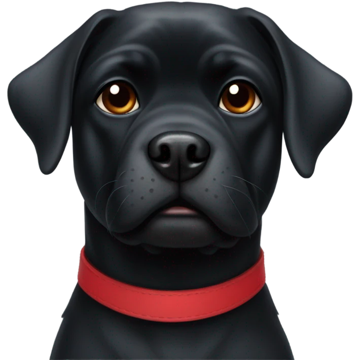 Black dog with short  white scruff pug nose and red collar  emoji