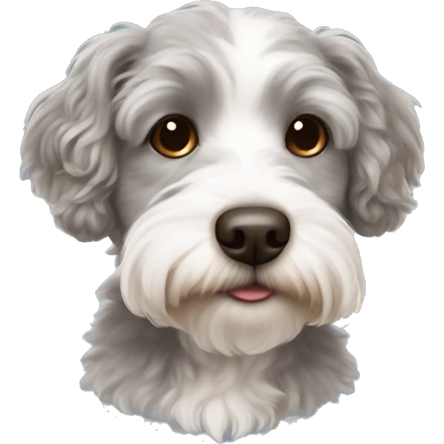 Cute grey and white Havapoo with a lot of brown hair around the nose emoji
