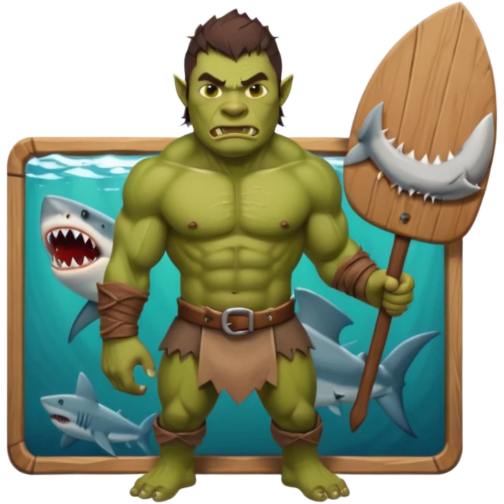 orc male holds a board with a shark painted vertically in his hands emoji