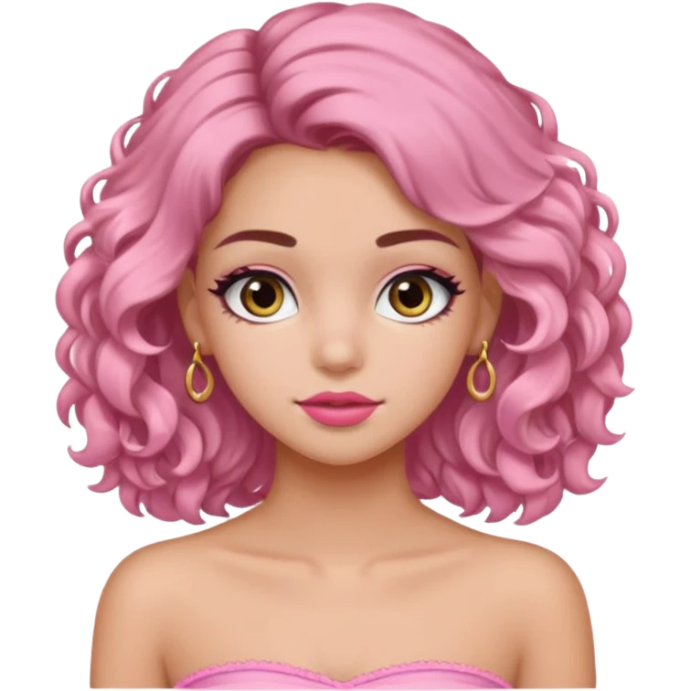 crée moi une jeune fille très belle avec les cheveux bouclés long brune avec un top  sans manche ni brettelles juste un 'bandeau' de couleur rose clair avec un peu de maquillage et des beaux et long  cils un collier en or emoji