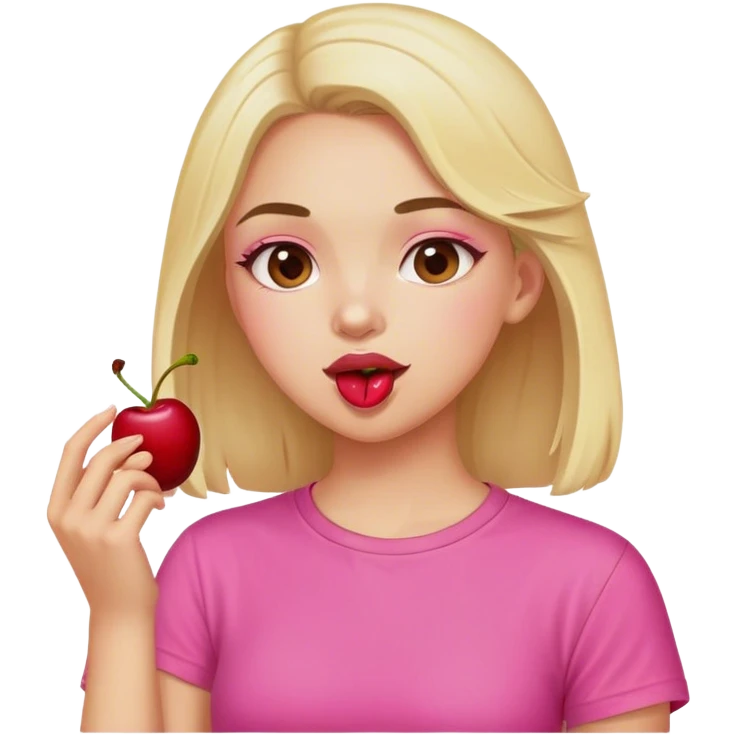 Girl with pink shirt eating cr emoji