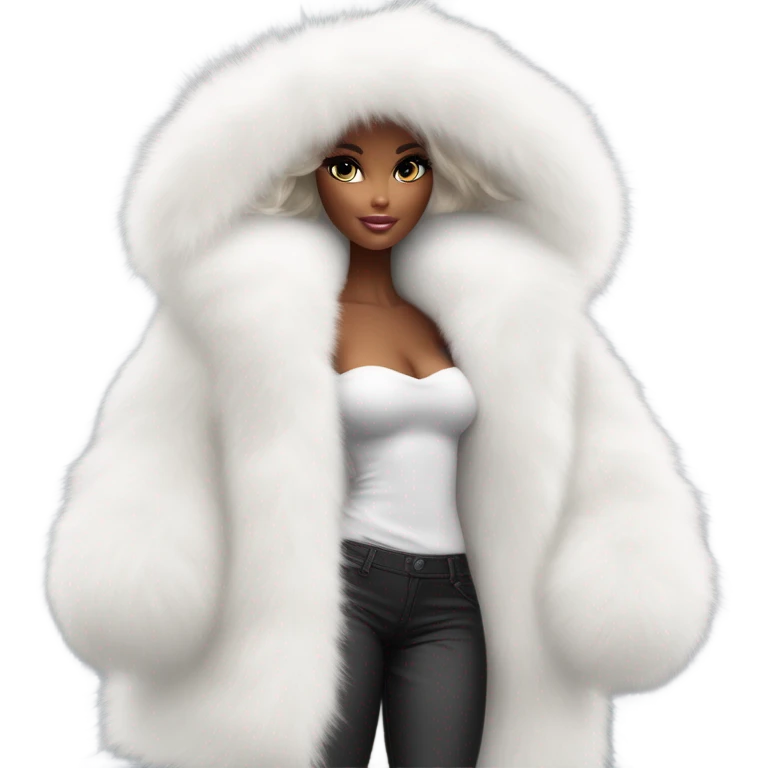 Barbie in an extremely big fluffy oversized white fur coat with hood on. The fur is real and it’s very obvious big and fluffy like in Pinterest  emoji