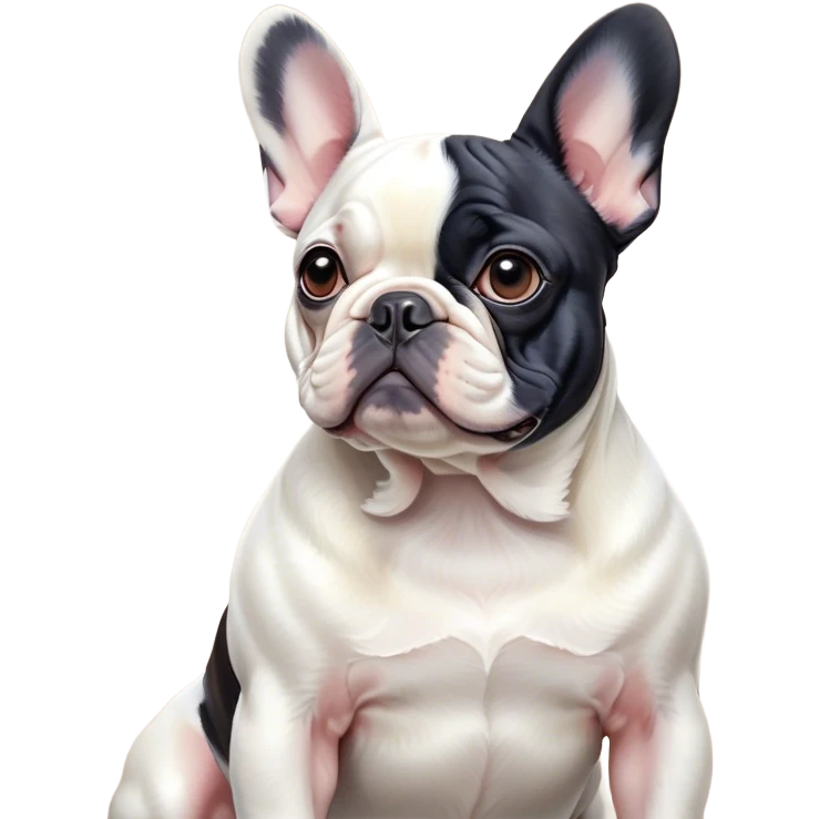 Cinematic Noble Pied French Bulldog Portrait Emoji, Radiating regal yet playful charm, with a distinctive pied fur of contrasting hues and a sculpted, expressive face featuring gentle, wise eyes and a confident stance, simplified yet artistically detailed, glowing with a soft, sophisticated radiance, high shine, exuding intelligent nobility and refined flair, soft glowing outline, capturing the essence of a noble Pied French Bulldog that embodies both strength and grace! emoji