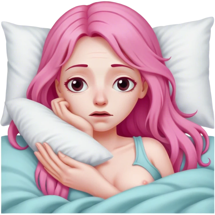Woman with long pink hair In bed with sinus pain  emoji