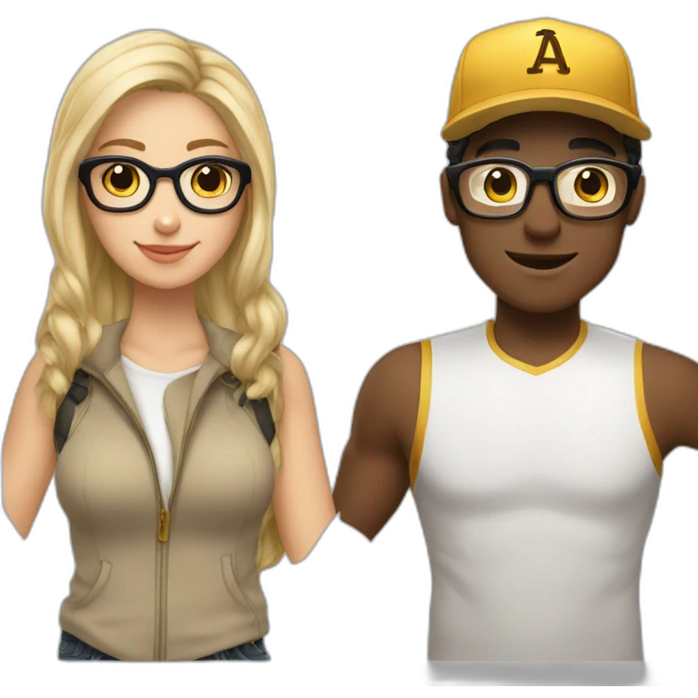 A Women with darkbrown hair and glasses in Love with a blond Man with gold glasses and a baseballcap emoji