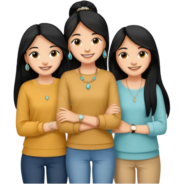 Just 3 best friends smiling big taking a selife, all have medium skin tone with black long hair. Wearing simple jewelry and casual modest clothes color coordinated outfit,  emoji