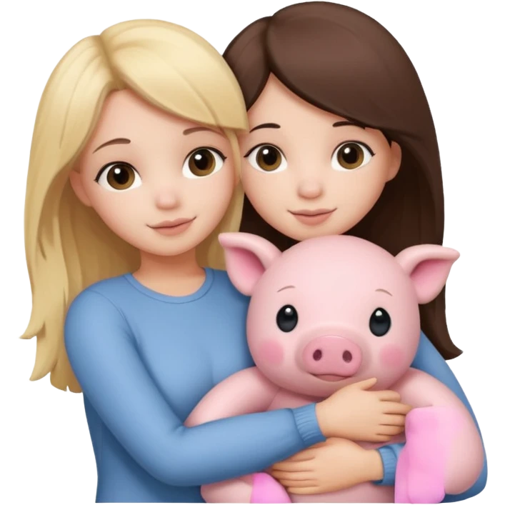 Girlfriends, blonde and brunette, hugging each other with a teddy bear and a little pig emoji