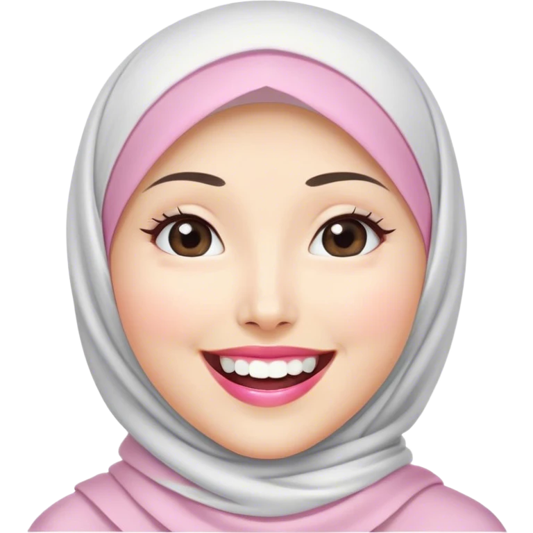 an Asian white woman hijab, her hijab color are white, her face is oval, her lips are pink, her eyes are shining, her face looks happy showing her teeth, her eyes are also smiling emoji