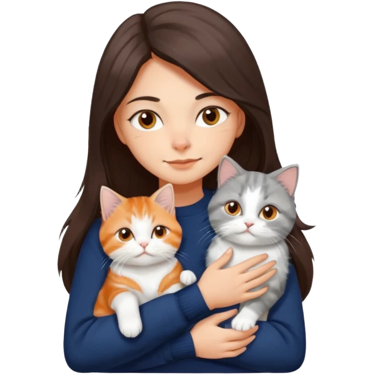 a girl with long dark brown hair, in a navy sweater, hugs a persian peaknose grey cat and persian peaknose orange and white kitten and a persion peaknose brown tabby and white cat emoji