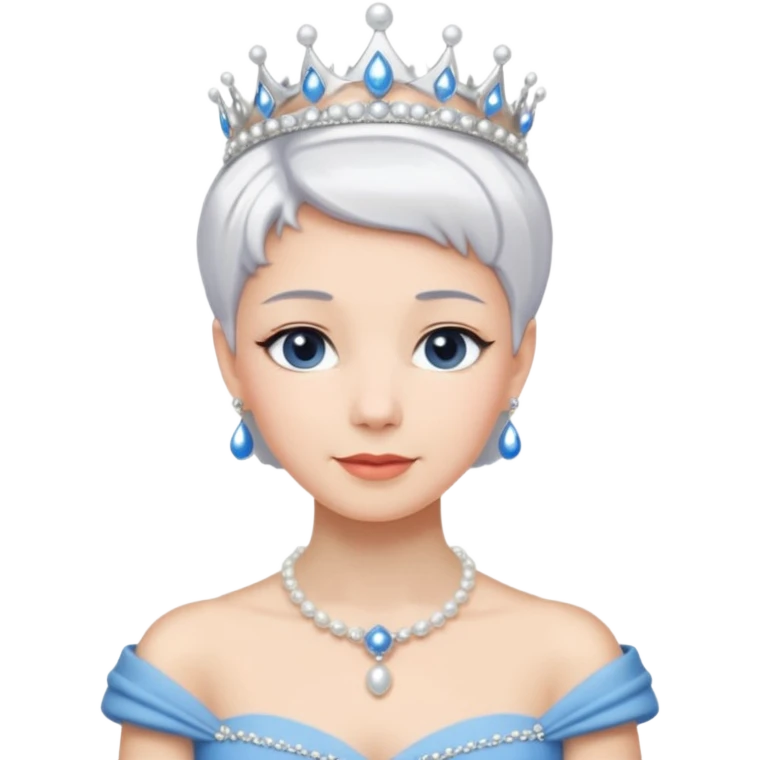 Queen with white short hair – silver tiara, pearl necklace, elegant gown, blue dress emoji