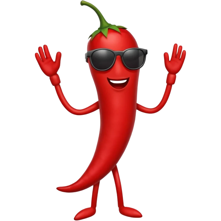 A chili pepper, with legs, arms, and a face. It can be seen wearing sunglasses emoji