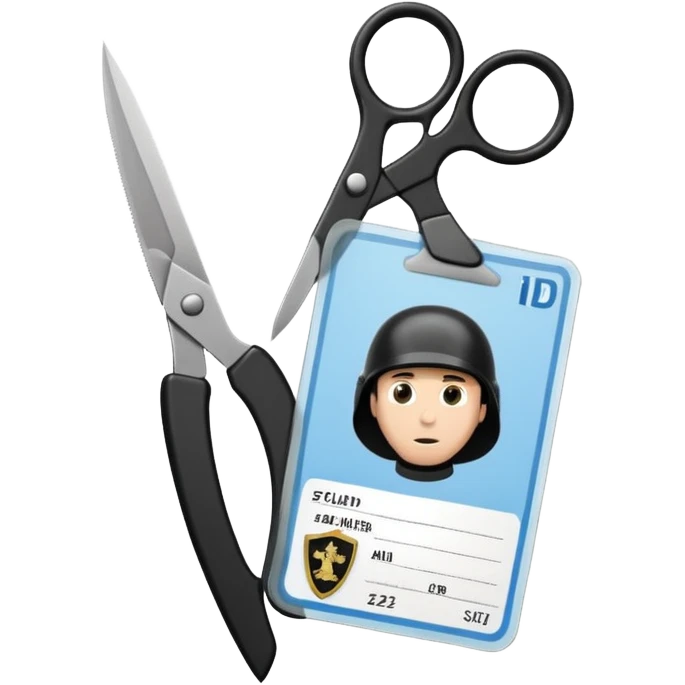 Floating black Scissors cutting in half an idf soldier ID card with a little chip in 2 parts .hyper realistic emoji