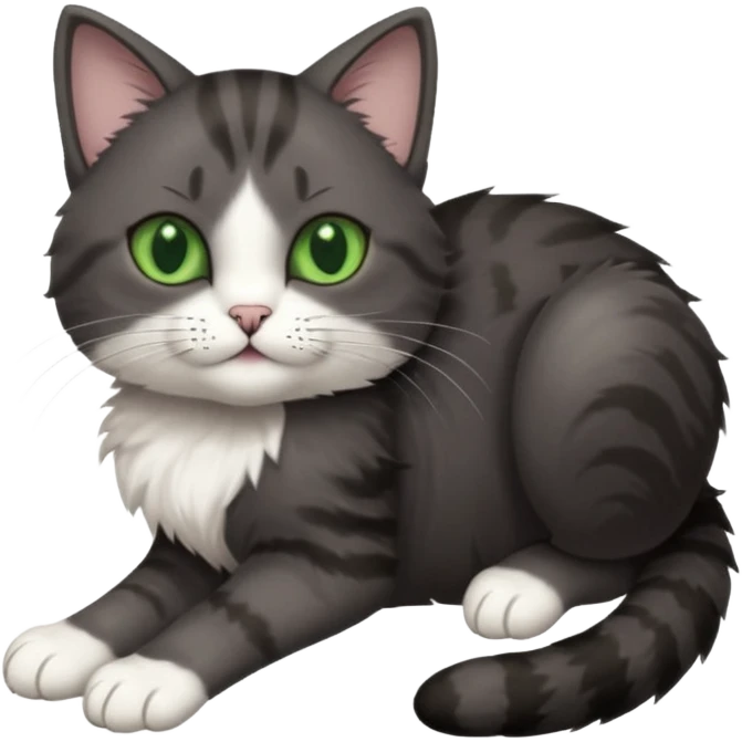 dark grey cat with green eyes, white toes/paws and white patch on her chest playfully rolling upside down emoji